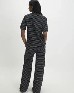 Navy Striped Wide Leg Trousers