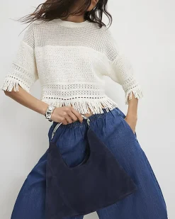 Navy Suede Metal Handle Slouch Shoulder Bag
