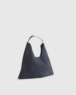 Navy Suede Metal Handle Slouch Shoulder Bag