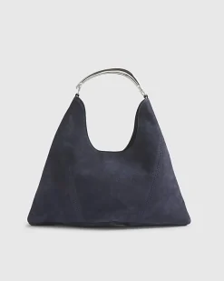 Navy Suede Metal Handle Slouch Shoulder Bag
