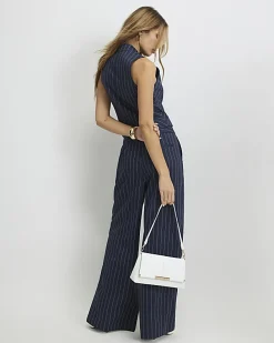 Navy Tailored Pinstripe Wide Leg Trousers