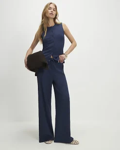 Navy Textured Drawstring Wide Leg Trousers