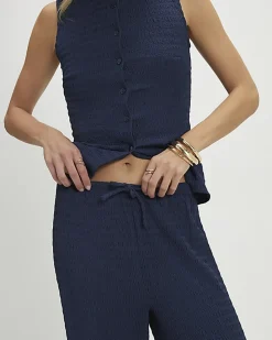 Navy Textured Drawstring Wide Leg Trousers