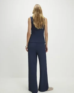 Navy Textured Drawstring Wide Leg Trousers