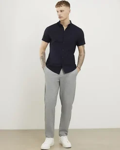 Navy Textured Muscle Fit Short Sleeve Shirt