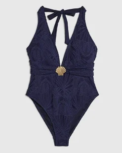 Navy Textured Shell Trim Swimsuit