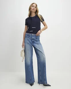 Navy Tie Neck Knitted Top