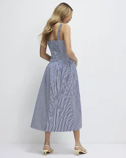 Navy V Neck Stripe Midi Dress