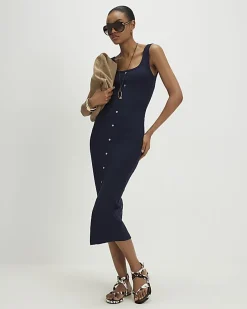 Navy Wide Rib Button Front Midi Dress