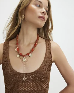 Orange Beaded Coin Multirow Necklace
