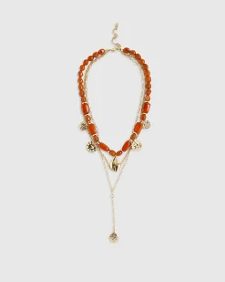 Orange Beaded Coin Multirow Necklace