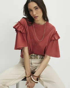 Orange Chevron Ruffle Sleeve T-Shirt