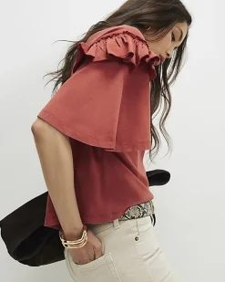 Orange Chevron Ruffle Sleeve T-Shirt