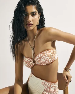 Orange Cornelli Print Bandeau Bikini Top
