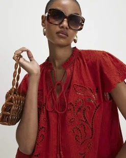 Orange Cotton Broderie Tie Neck Blouse