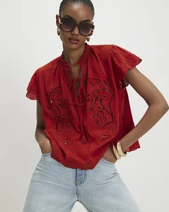 Orange Cotton Broderie Tie Neck Blouse