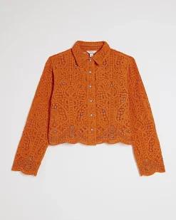 Orange Crochet Long Sleeve Embellished Shirt