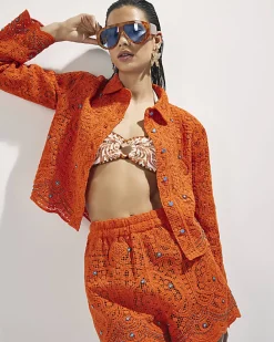 Orange Crochet Long Sleeve Embellished Shirt
