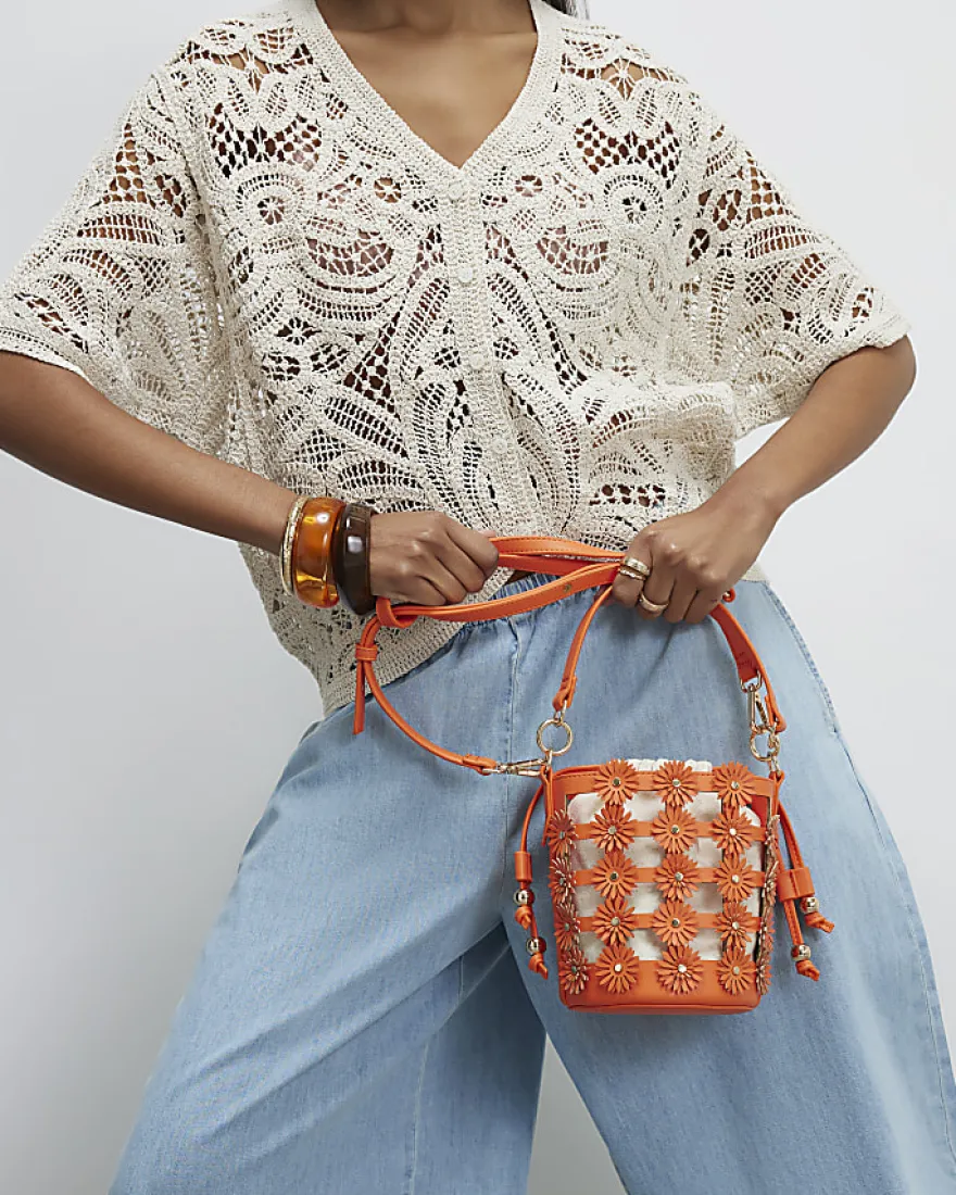 Orange 3D Floral Cut Out Bucket Bag