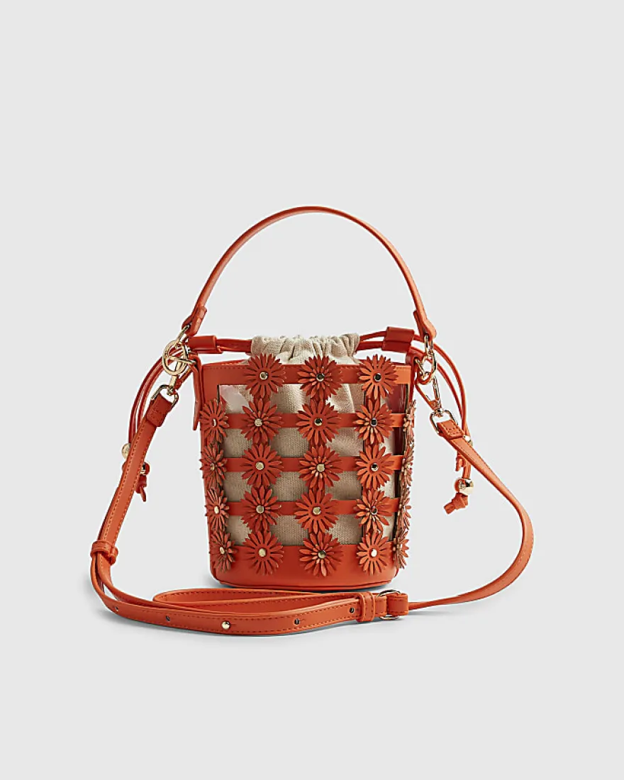 Orange 3D Floral Cut Out Bucket Bag