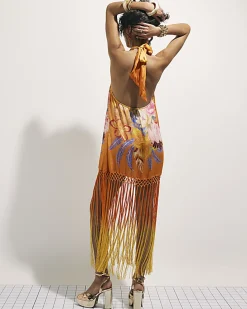Orange Fringed Halter Neck Maxi Dress
