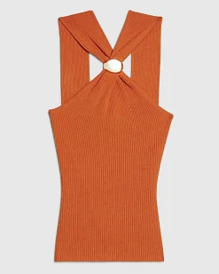 Orange Knitted Halter Neck Brooch Top