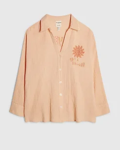Orange Long Sleeve Textured Beach Shirt