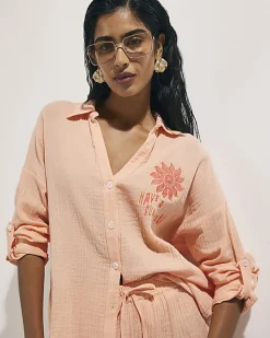 Orange Long Sleeve Textured Beach Shirt