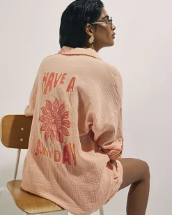 Orange Long Sleeve Textured Beach Shirt