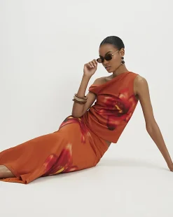 Orange Mesh Floral Print Maxi Skirt