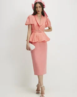 Orange Premium Pleated Peplum Pencil Dress