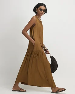 Orange Satin Sleeveless Halter Midi Dress
