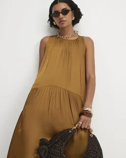 Orange Satin Sleeveless Halter Midi Dress