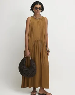Orange Satin Sleeveless Halter Midi Dress