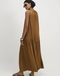 Orange Satin Sleeveless Halter Midi Dress