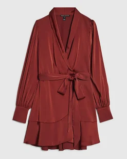 Orange Satin Wrap Front Mini Dress