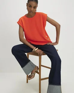 Orange Short Sleeve Button Top