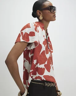 Orange Short Sleeve Printed Blouse