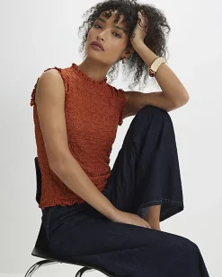 Orange Sleeveless Ruffle Textured Top