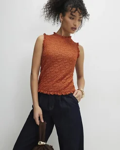 Orange Sleeveless Ruffle Textured Top