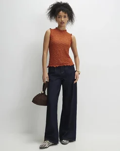 Orange Sleeveless Ruffle Textured Top