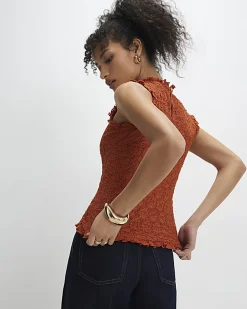 Orange Sleeveless Ruffle Textured Top