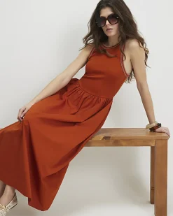 Orange Sleeveless Whipstitch Maxi Dress