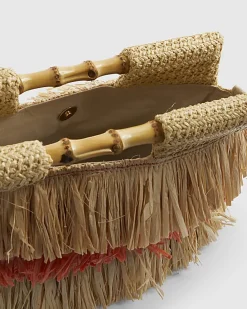 Orange Stripe Raffia Handle Clutch Bag