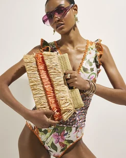 Orange Stripe Raffia Handle Clutch Bag