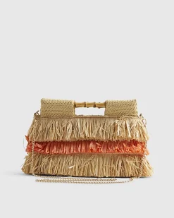 Orange Stripe Raffia Handle Clutch Bag