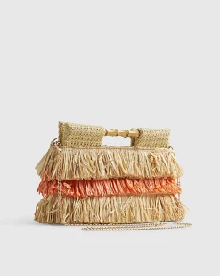 Orange Stripe Raffia Handle Clutch Bag