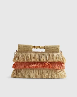 Orange Stripe Raffia Handle Clutch Bag