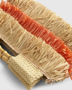 Orange Stripe Raffia Handle Clutch Bag
