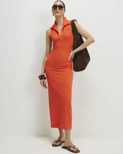 Orange Textured Sleeveless Polo Maxi Dress